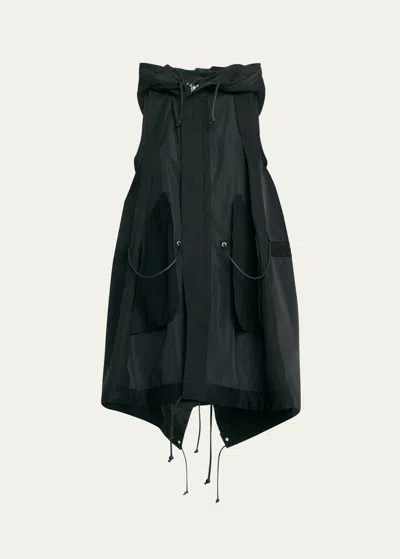 Sacai Nylon Hooded Drawcord Parka Vest In Black