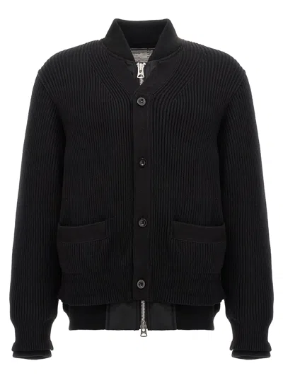 Sacai Cardigan Ribbed Texture Nylon Insert In Black