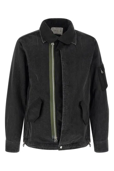 Sacai Nylon Insert Denim Jacket Puffer Jackets Black