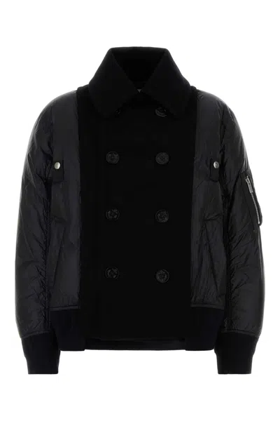 Sacai Nylon Sown Jacket With Wool Detail And Down Insulation In Black