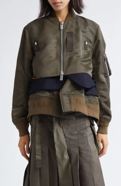 Sacai Nylon Twill & Wool Melton Blouson Jacket In Green