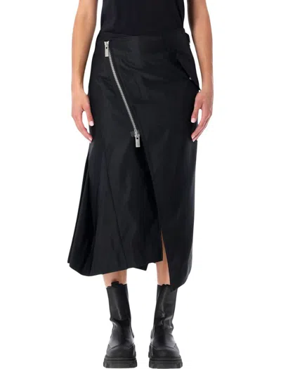 Sacai Nylon Twill Midi Skirt With Diagonal Zip In Black