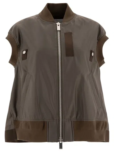 Sacai Nylon Twill Vest Jacket In Brown