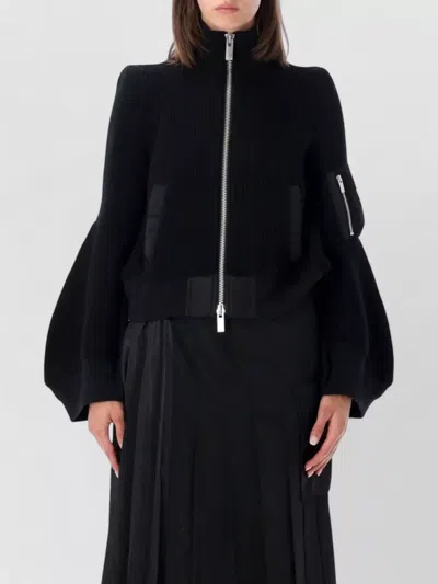 Sacai Nylon Twill Wool Knit Layered Blouson In Black