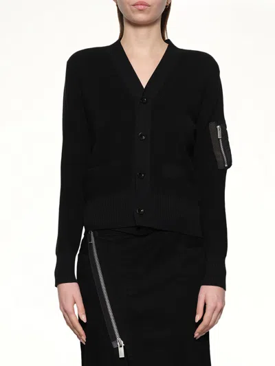Sacai Nylon Twill X Cotton Knit Cardigan In Black