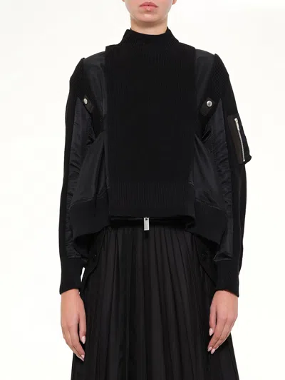 Sacai Nylon Twill X Knit Blouson In Black