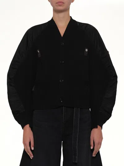 Sacai Nylon Twill X Knit Cardigan In Black