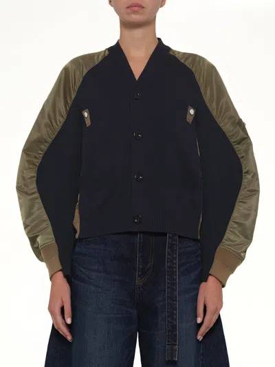 Sacai Nylon Twill X Knit Cardigan In Multi