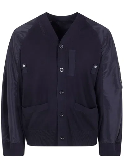 Sacai Nylon Twill X Knit Cardigan In Blue