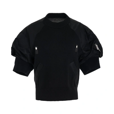 Sacai Nylon Twill X Knit Sweater In Black