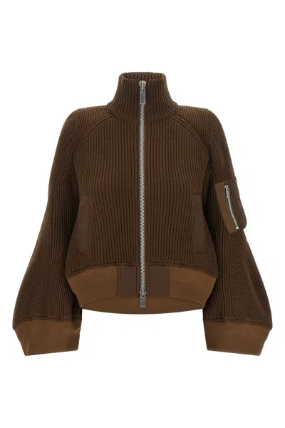 Sacai Ribbed-knit High-neck Jacket In Brown