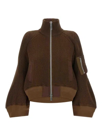 Sacai Nylon Twill X Wool Knit' Blouson In Brown