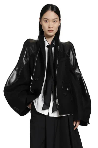 Sacai Nylon Twill X Wool Knit Blouson Jacket In Black