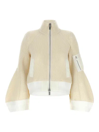 Sacai Nylon Twill X Wool Knit' Blouson In White