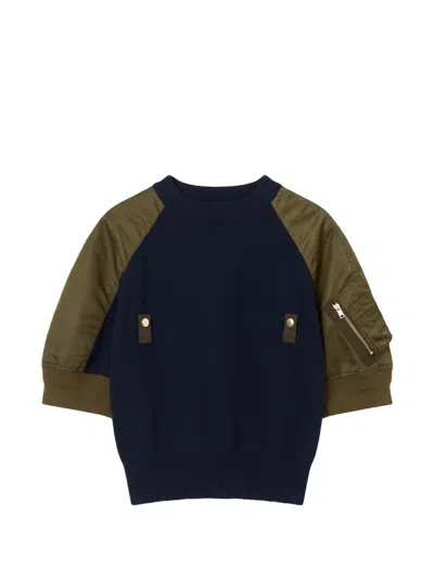 Sacai Nylon-panelled Knitted Sweater In Blue