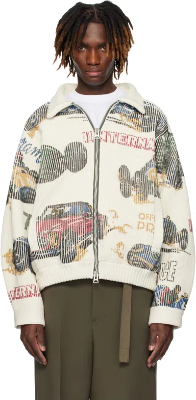 Sacai Off-white Car Race Print Knit Cardigan In 199 Ivory