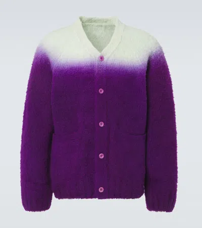 Sacai Mens L Gray & Purple Tye-dye Branded-button Wool-blend Knitted Cardigan