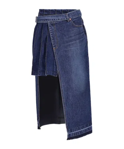 Sacai Overlapping Denim Midi Skirt In Blue