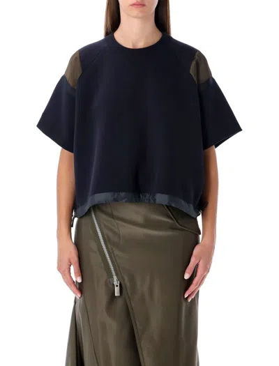 Sacai Oversized Technical Cotton T-shirt With Adjustable Drawstring Hem In Blue