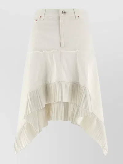 Sacai Paneled Asymmetric Pleated Midi Denim Skirt In White