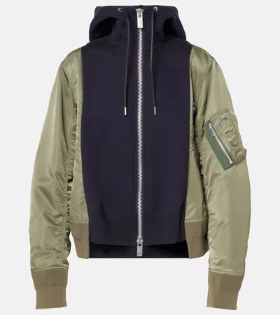 Sacai Paneled Cotton-blend Zip-up Hoodie In Blue