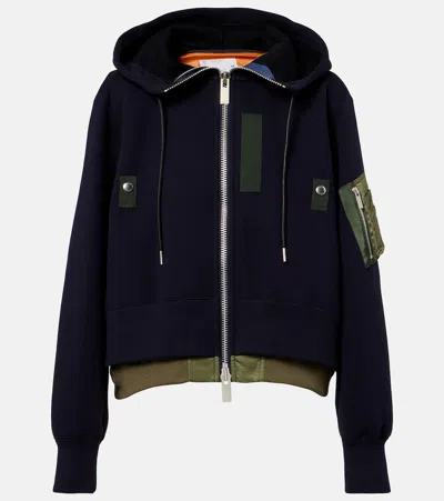 Sacai Paneled Cotton-blend Zip-up Hoodie In Blue