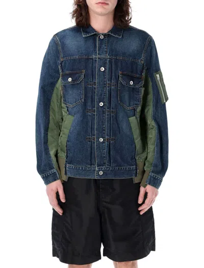 Sacai Side-zip Panelled Denim Jacket In Blue
