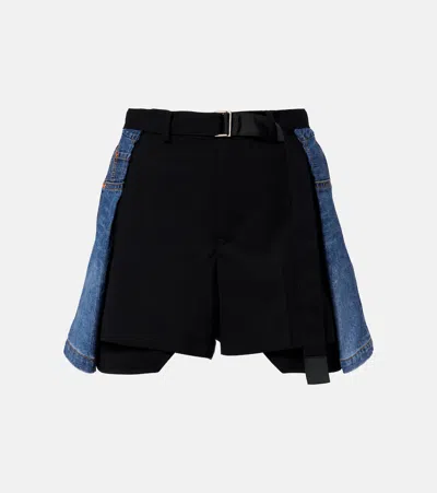 Sacai Paneled Denim Shorts In Blue