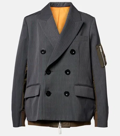 Sacai Wool And Twill Double-breasted Blazer In Gray