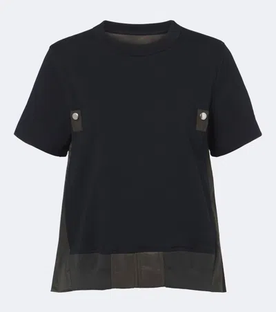 Sacai Paneled Plissé Cotton Jersey T-shirt In Blue