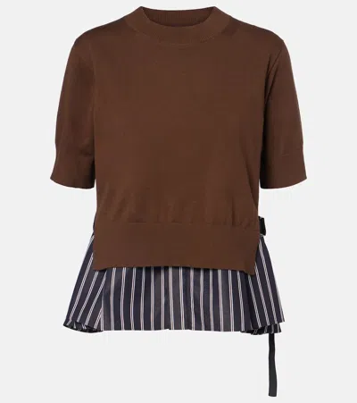 Sacai Stripe Detailed Crewneck Jumper In Brown