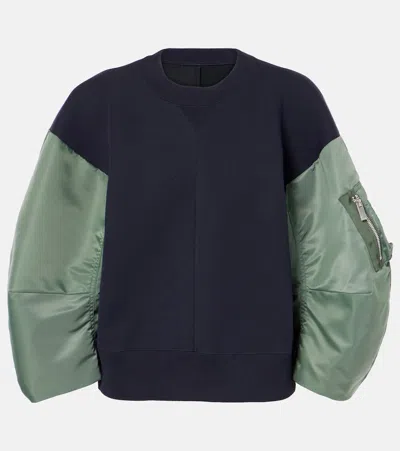 Sacai Paneled Twill And Fleece Sweatshirt In Blue