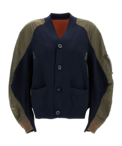 Sacai Panelled Buttoned Bomber Jacket In Black