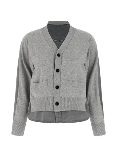 Sacai Asymmetrical Hem Cardigan With Shirt-style Back In Multi