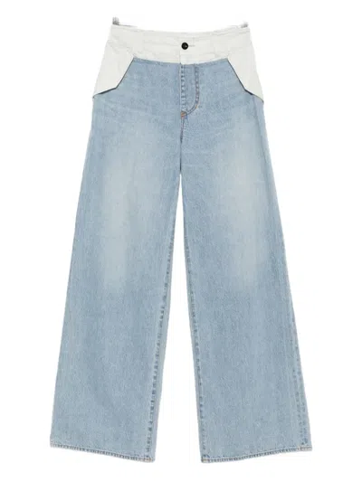 Sacai Womens Blue Gray Contrast-waistband Wide-leg Denim Jeans