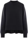 Sacai Cotton Blend Crew Neck Pullover With Pleated Back In Black
