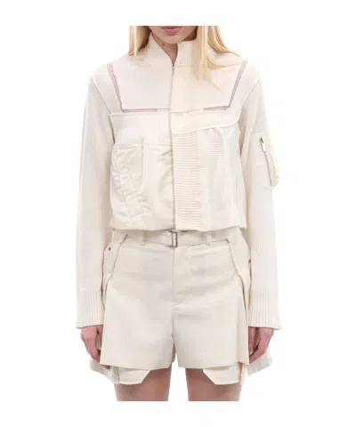 Sacai Panelled Ribbed-knit Sweater In White