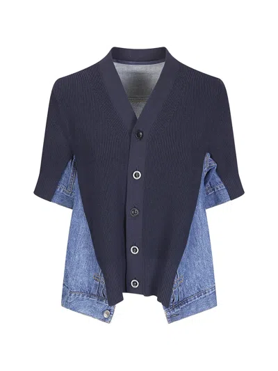 Sacai Panelled Denim-knit Cardigan In Blue