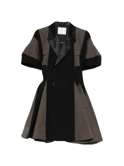 Sacai Panelled Double-breasted Mini Dress In Black
