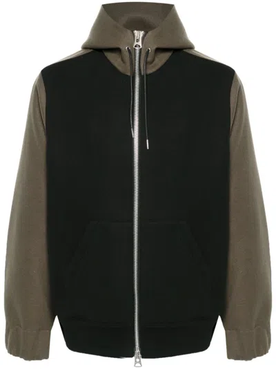 Sacai Panelled Hooded Jacket In 012 Blackxkhaki