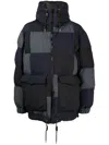 Sacai Patchwork Strapped Puffer Jacket In Blue