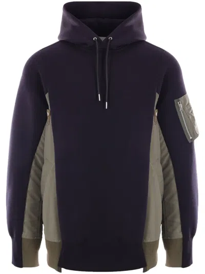 Sacai Terry Sweatshirt With Twill And Nylon Hood In Navy Khaki