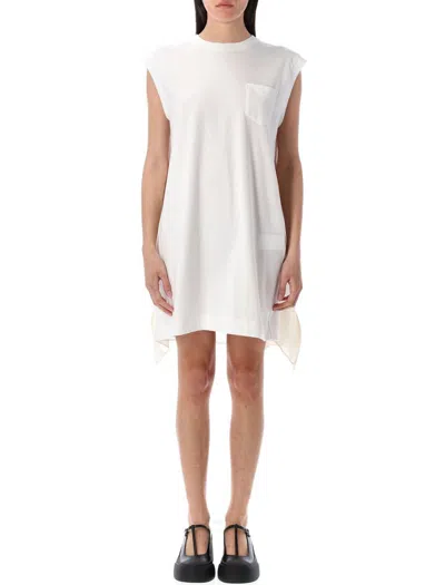 Sacai Panelled Mini Dress With Rear Satin Ruffled In White