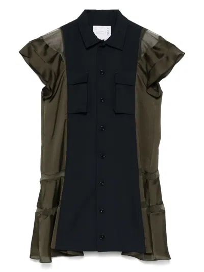 Sacai Chiffon-trimmed Paneled Satin And Crepe Mini Dress In Blue