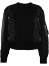 Sacai Crewneck Sweater With Satin Panels And Zip Pocket In Black