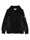 Sacai Black Hoodie With Shiny Fabric Panels And Zippered Pocket In Black