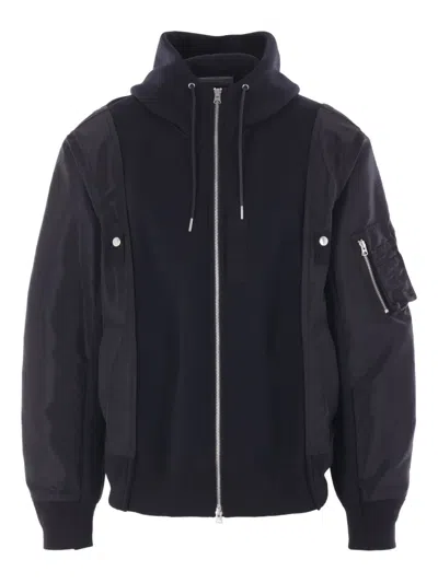 Sacai Panelled Zip-up Hoodie In Black