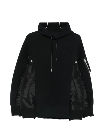 Sacai Panelled Zip-pocket Hoodie In Black