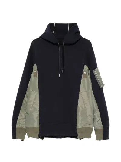 Sacai Panelled Zip-pocket Hoodie In Blue