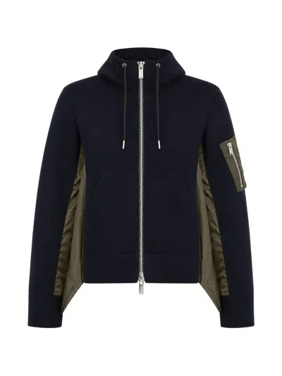 Sacai Hooded Sweatshirt Long Sleeves Ribbed Cuffs Hem In Blue